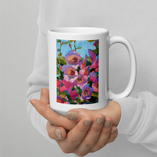 Hollyhocks - 15 oz White glossy mug - designs on both sides