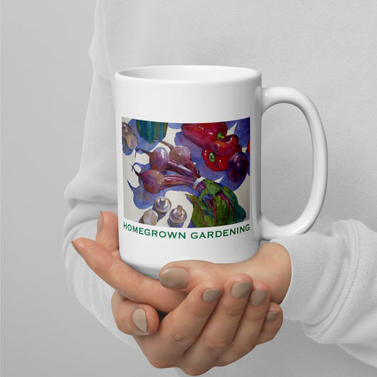 Homegrown Gardening - 15 oz White glossy mug - designs on both sides