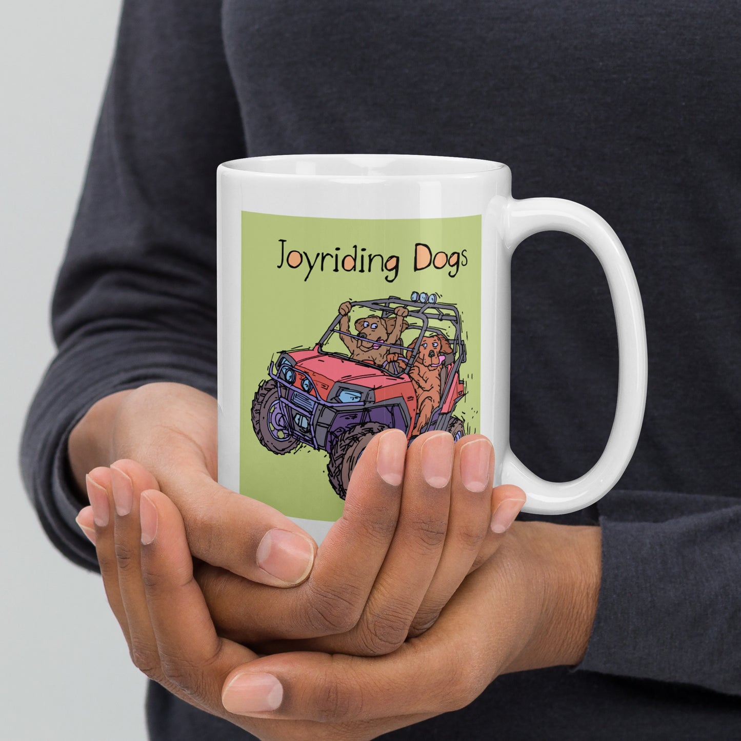 Joyriding Dogs - Two Riders in one Red ATV - 15 oz White glossy mug - designs on both sides